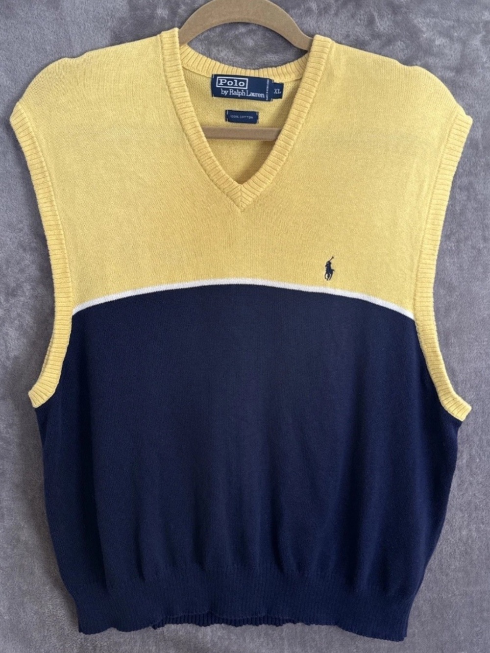 Polo Ralph Lauren Men's Sweater Vest – Navy and Yellow Size XL 90's
